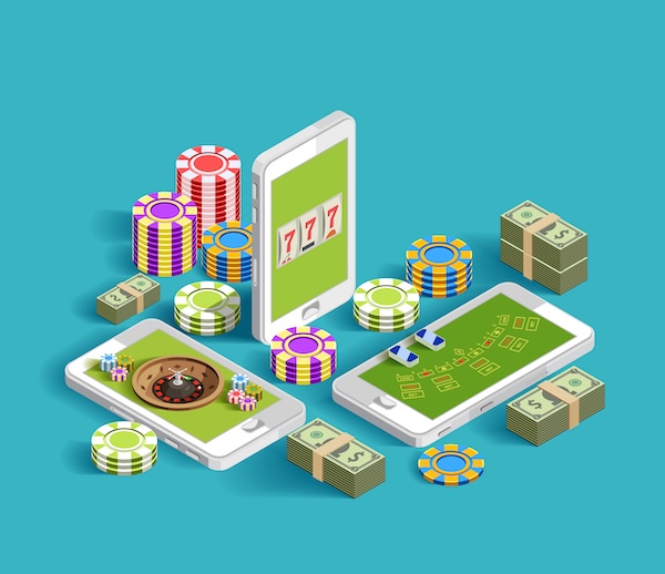 Изометричная иллюстрация игровых автоматов на экранах смартфонов